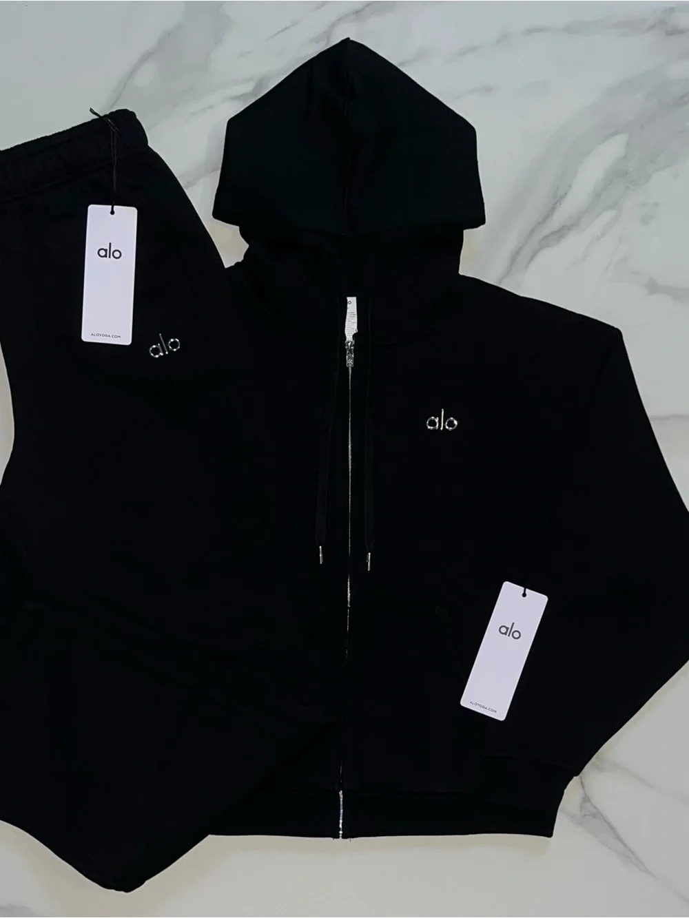 Alo Yoga Accolade Full Zip Hoodie & Sweatpants Set Black XS - Picture 1 of 13